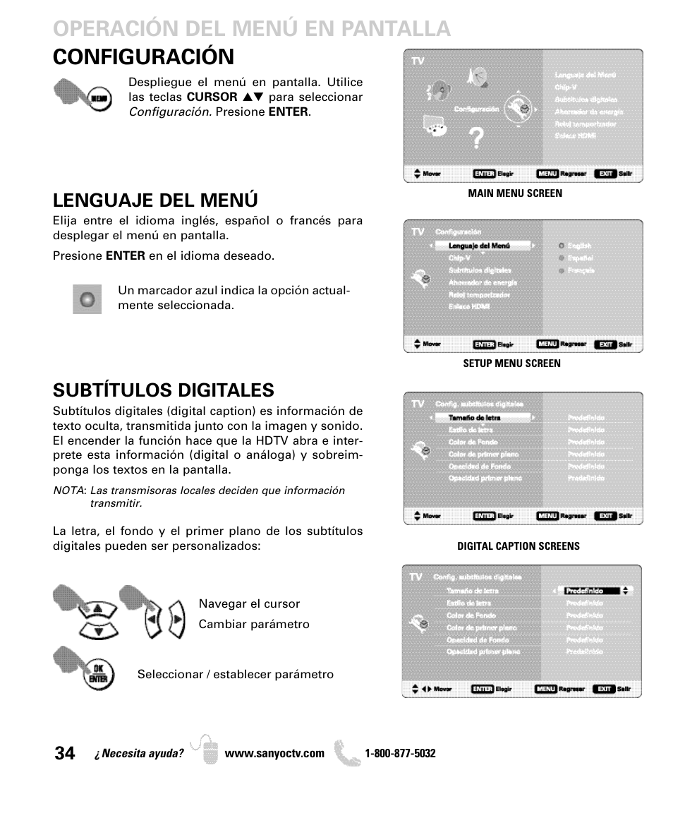 Configuración, Operación del menú en pantalla, Lenguaje del menú | Subtítulos digitales | Sanyo DP46849 User Manual | Page 34 / 67