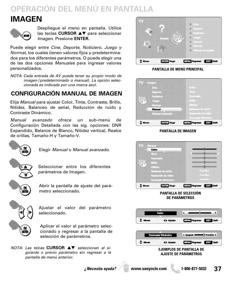 Imagen operación del menú en pantalla, Configuración manual de imagen | Sanyo DP46849 User Manual | Page 37 / 67