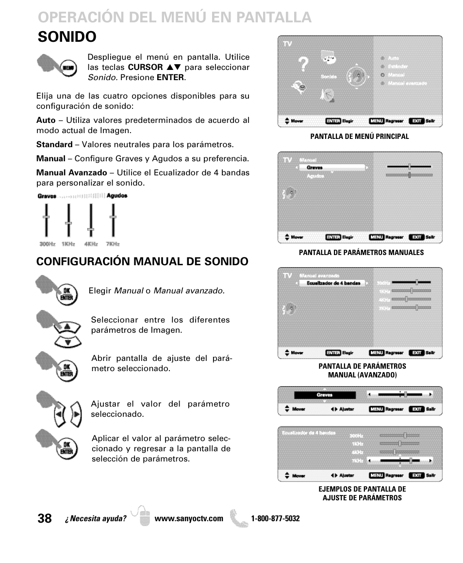 Sonido operación del menú en pantalla, Configuración manual de sonido | Sanyo DP46849 User Manual | Page 38 / 67