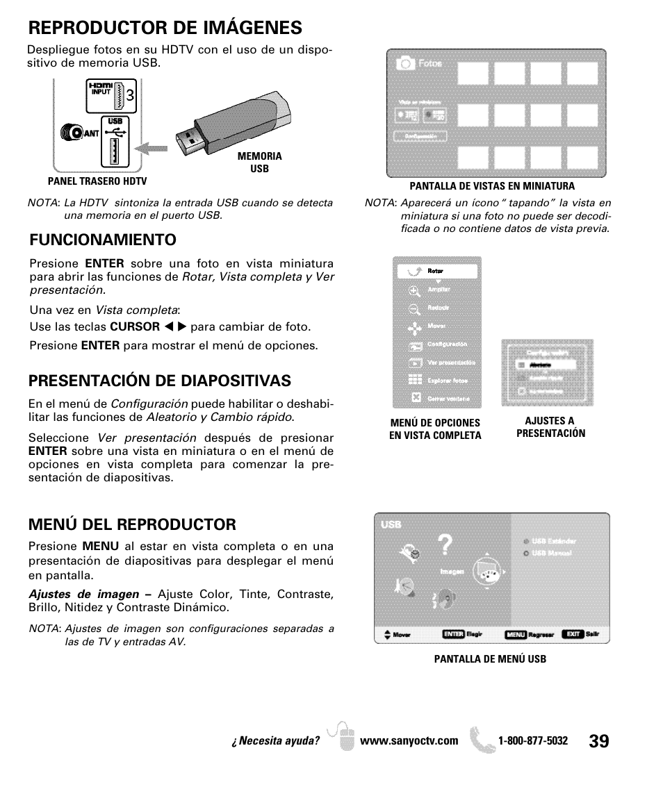 Reproductor de imágenes, Funcionamiento, Presentación de diapositivas | Menú del reproductor | Sanyo DP46849 User Manual | Page 39 / 67