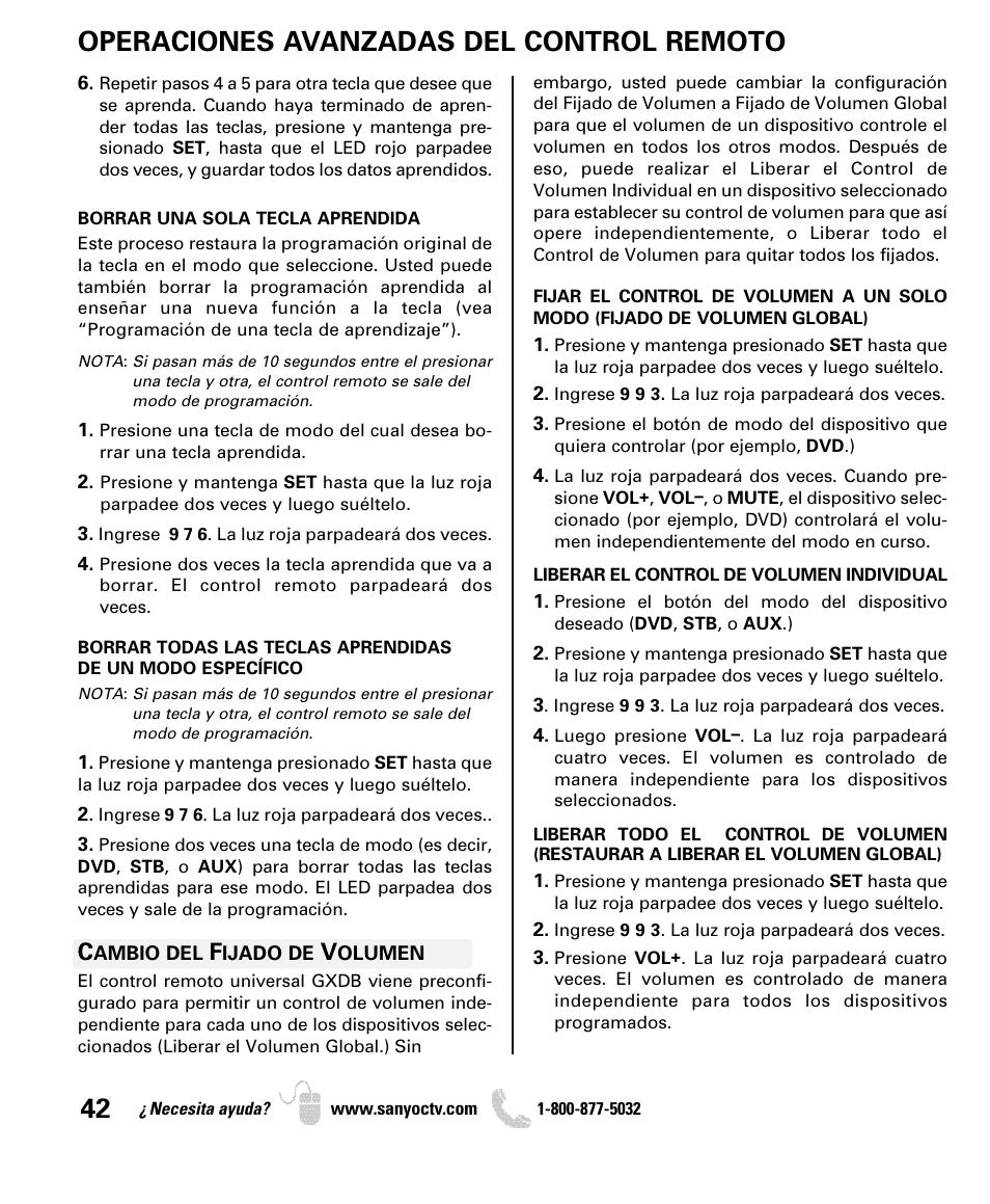 Operaciones avanzadas del control remoto | Sanyo DP46849 User Manual | Page 42 / 67