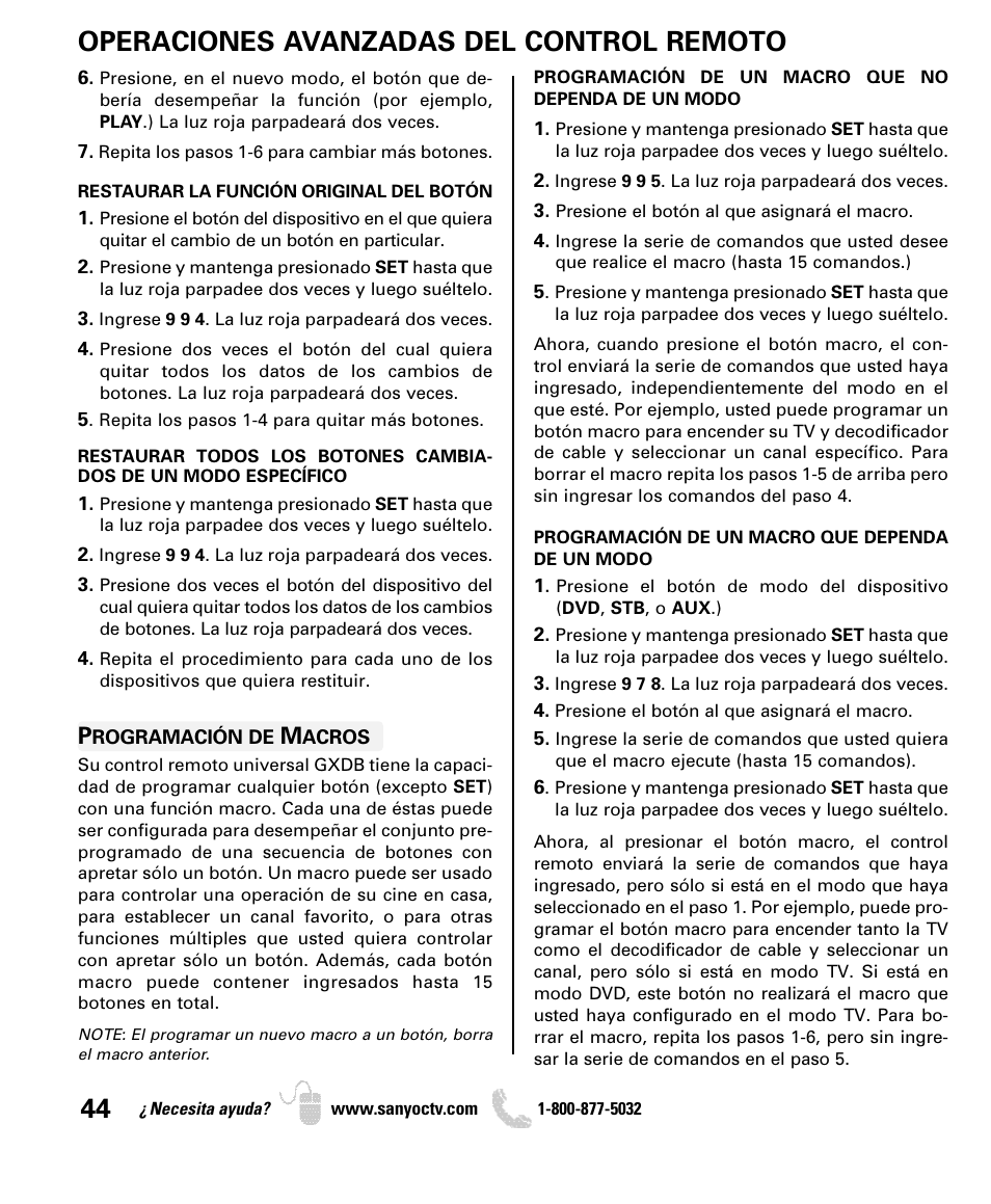 Operaciones avanzadas del control remoto | Sanyo DP46849 User Manual | Page 44 / 67