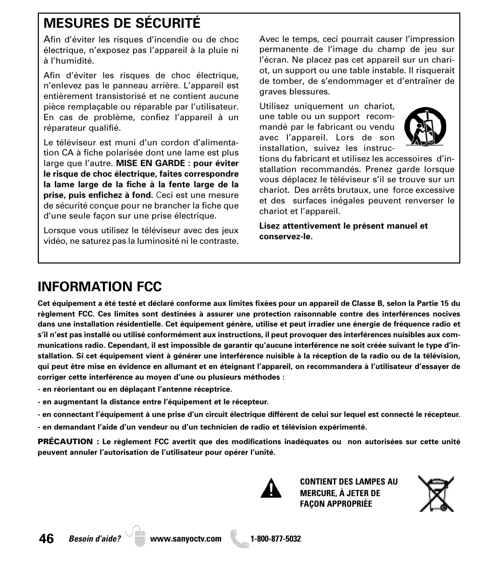 Mesures de sécurité, Information fcc | Sanyo DP46849 User Manual | Page 46 / 67