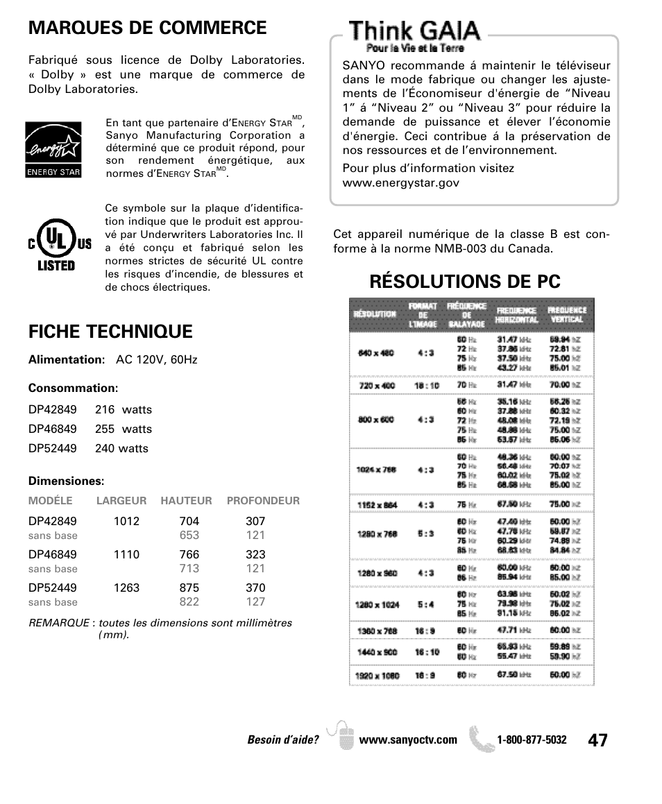 Marques de commerce, Fiche technique, Résolutions de pc | Sanyo DP46849 User Manual | Page 47 / 67