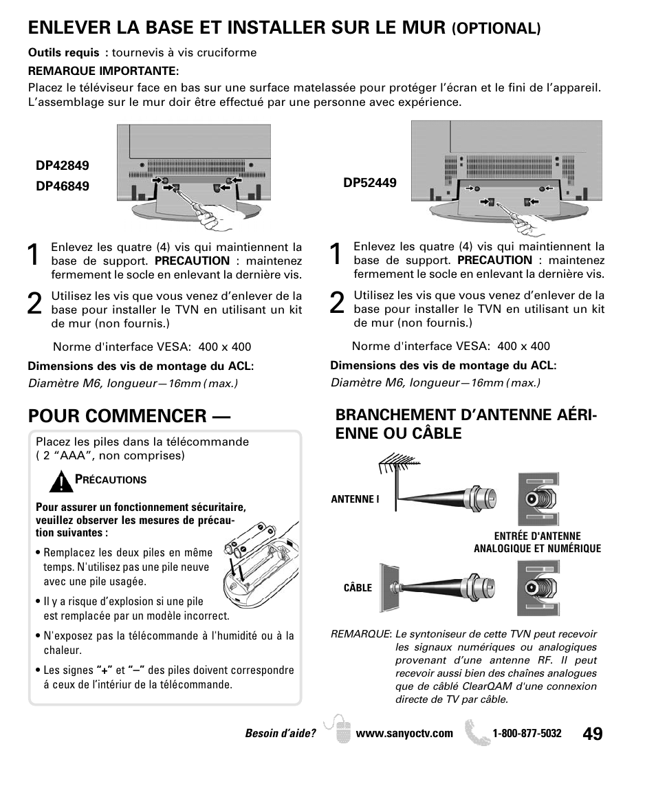 Enlever la base et installer sur le mur, Pour commencer | Sanyo DP46849 User Manual | Page 49 / 67