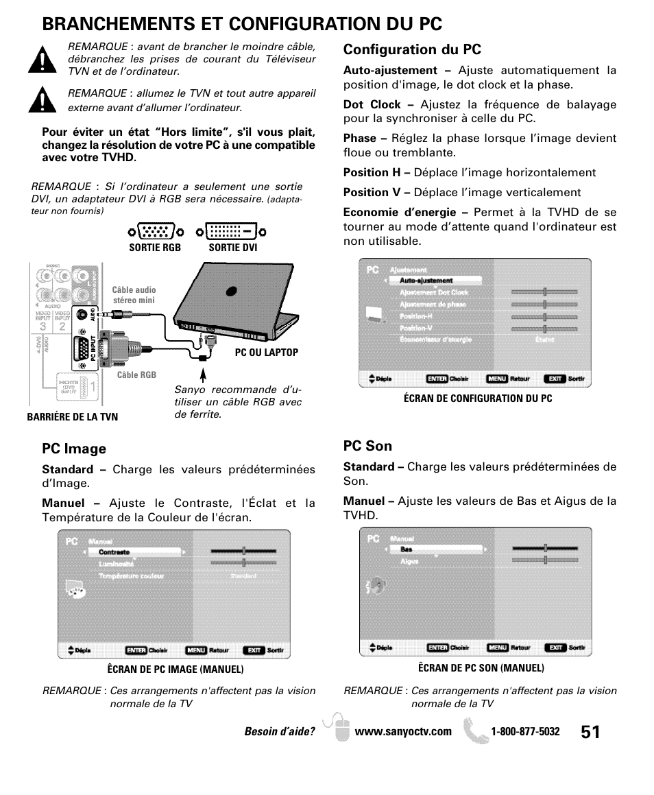 Branchements et configuration du pc, Configuration du pc, Pc image | Pc son | Sanyo DP46849 User Manual | Page 51 / 67