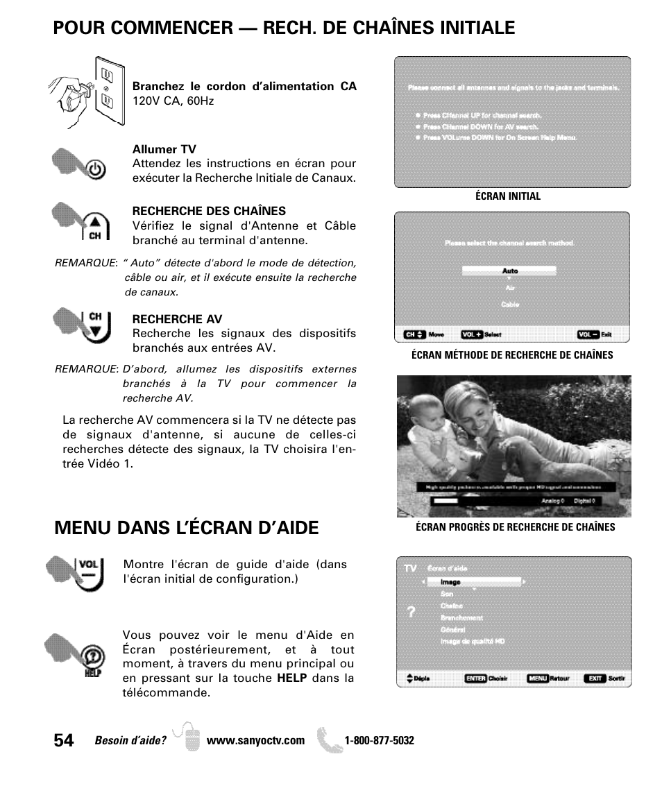 Pour commencer — rech. de chaînes initiale, Menu dans l’écran d’aide | Sanyo DP46849 User Manual | Page 54 / 67