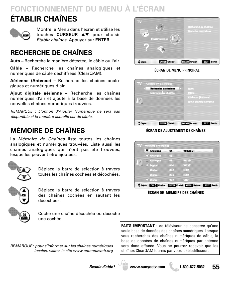 Établir chaînes, Fonctionnement du menu à l'écran, Recherche de chaînes | Mémoire de chaînes | Sanyo DP46849 User Manual | Page 55 / 67