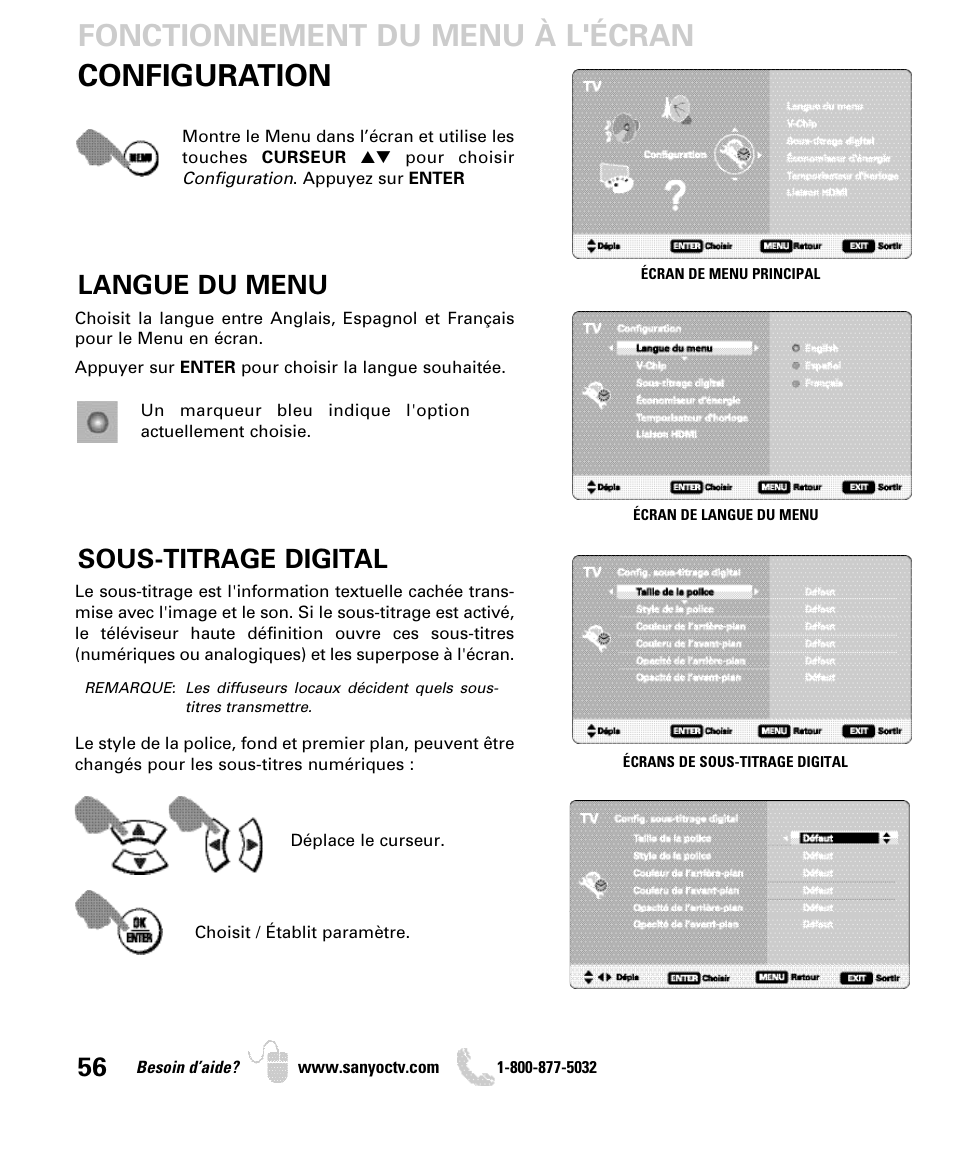 Configuration, Fonctionnement du menu à l'écran, Langue du menu | Sous-titrage digital | Sanyo DP46849 User Manual | Page 56 / 67