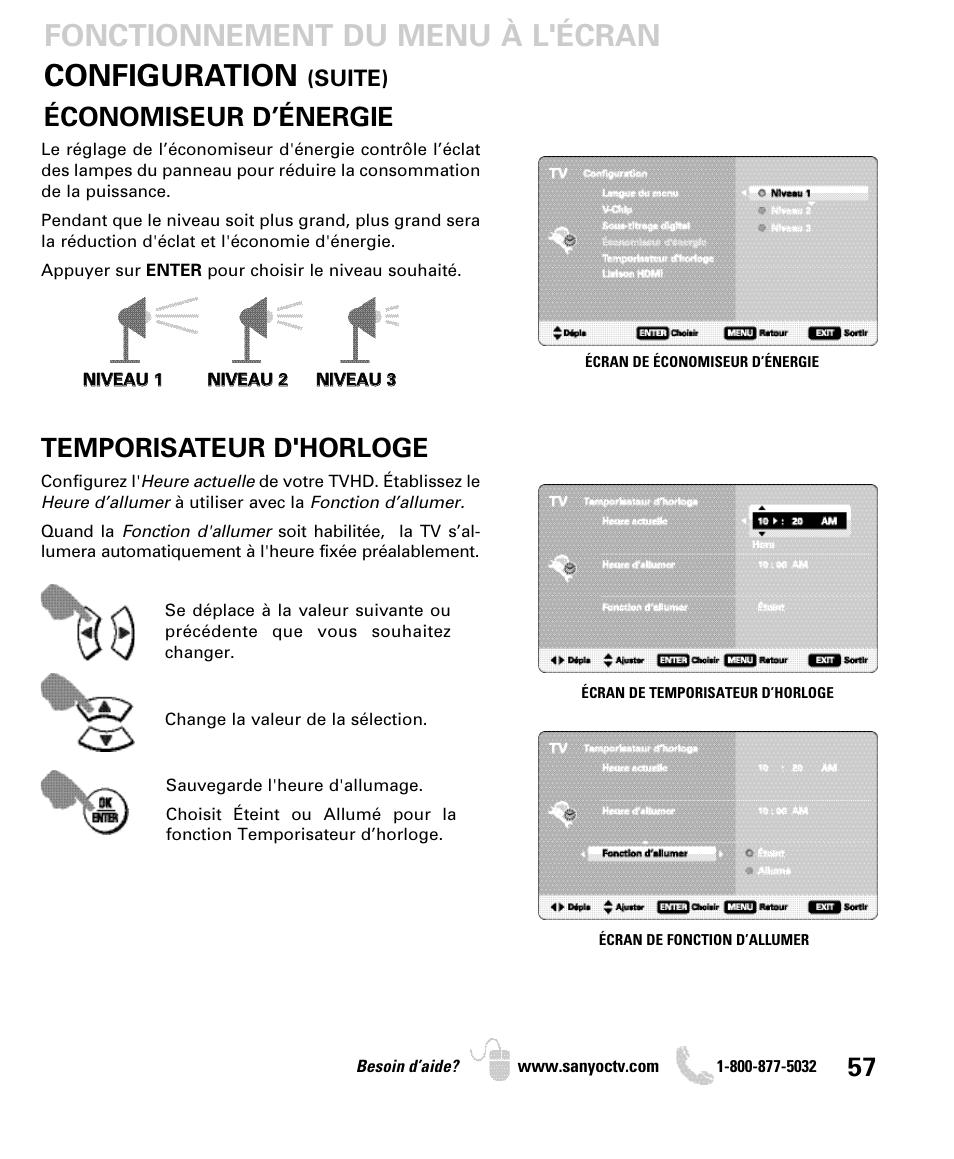 Configuration, Fonctionnement du menu à l'écran, Temporisateur d'horloge | Économiseur d’énergie, Suite) | Sanyo DP46849 User Manual | Page 57 / 67