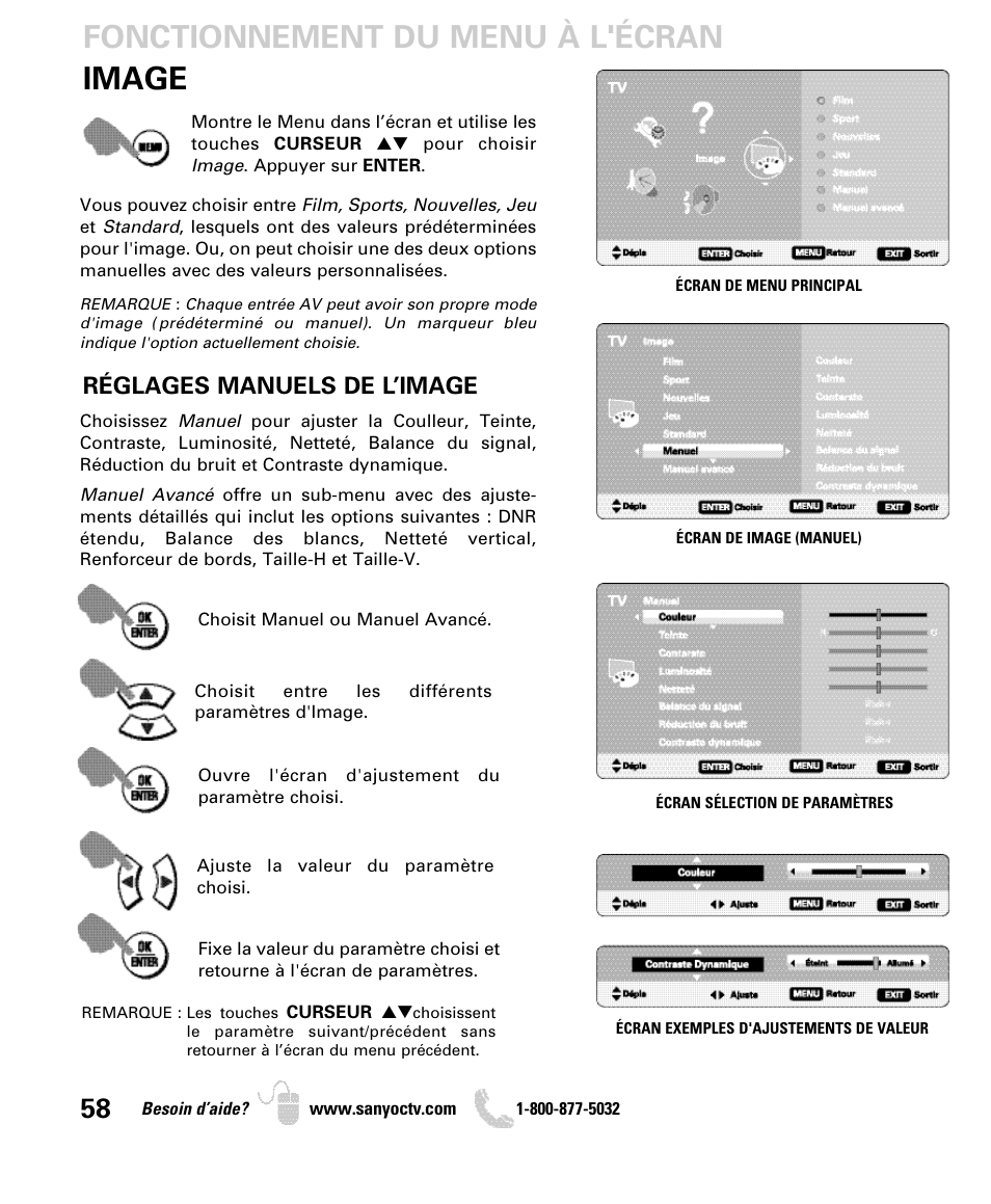 Image fonctionnement du menu à l'écran, Réglages manuels de l’image | Sanyo DP46849 User Manual | Page 58 / 67