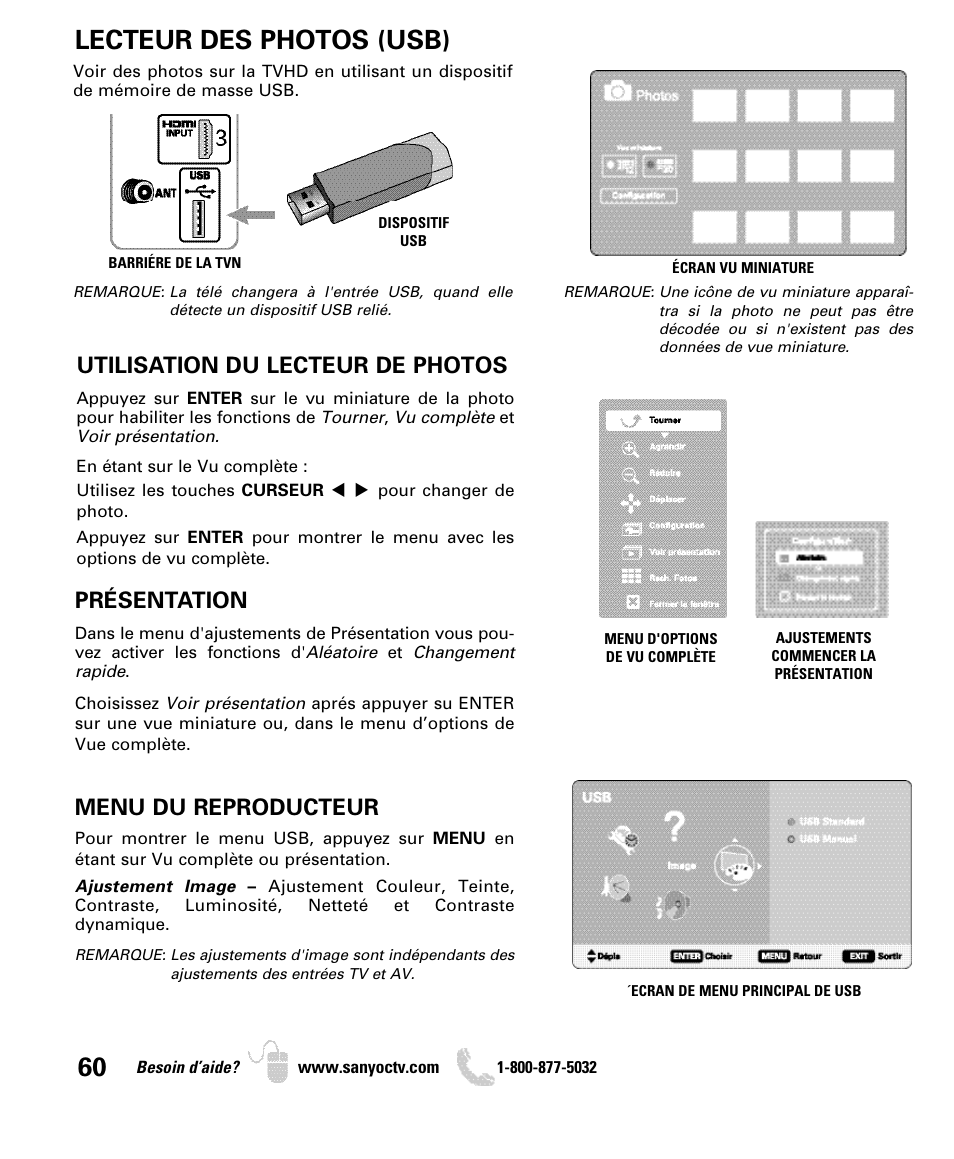 Lecteur des photos (usb), Utilisation du lecteur de photos, Présentation | Menu du reproducteur | Sanyo DP46849 User Manual | Page 60 / 67