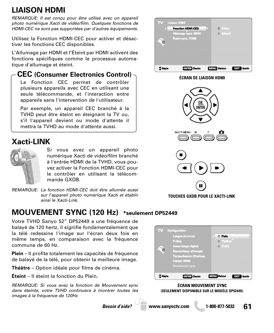 Liaison hdmi, Xacti-link, Mouvement sync (120 hz) | Consumer electronics control) | Sanyo DP46849 User Manual | Page 61 / 67