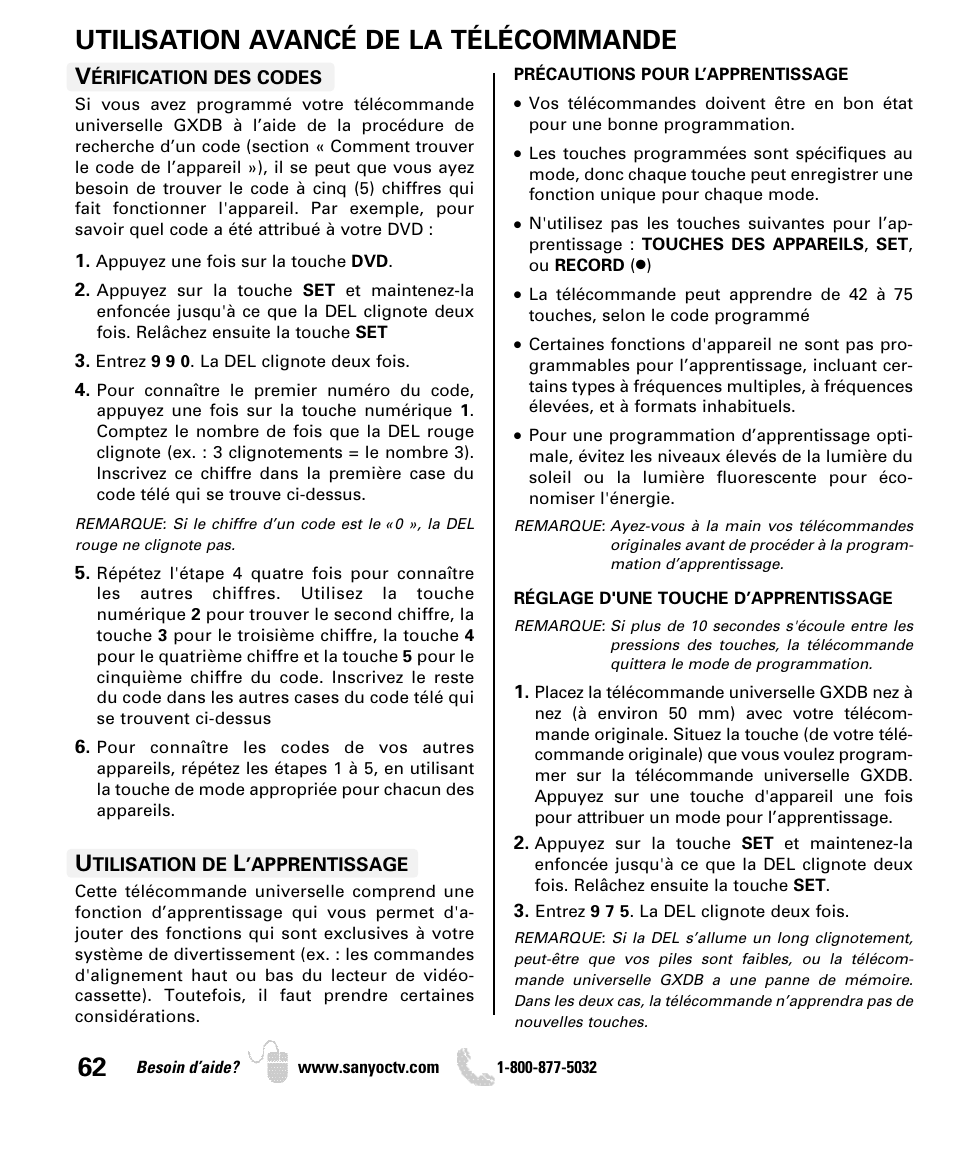 Utilisation avancé de la télécommande | Sanyo DP46849 User Manual | Page 62 / 67