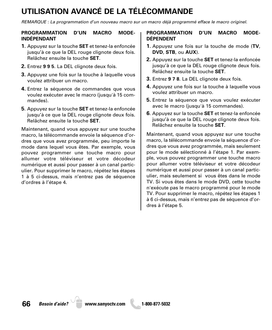 Utilisation avancé de la télécommande | Sanyo DP46849 User Manual | Page 66 / 67