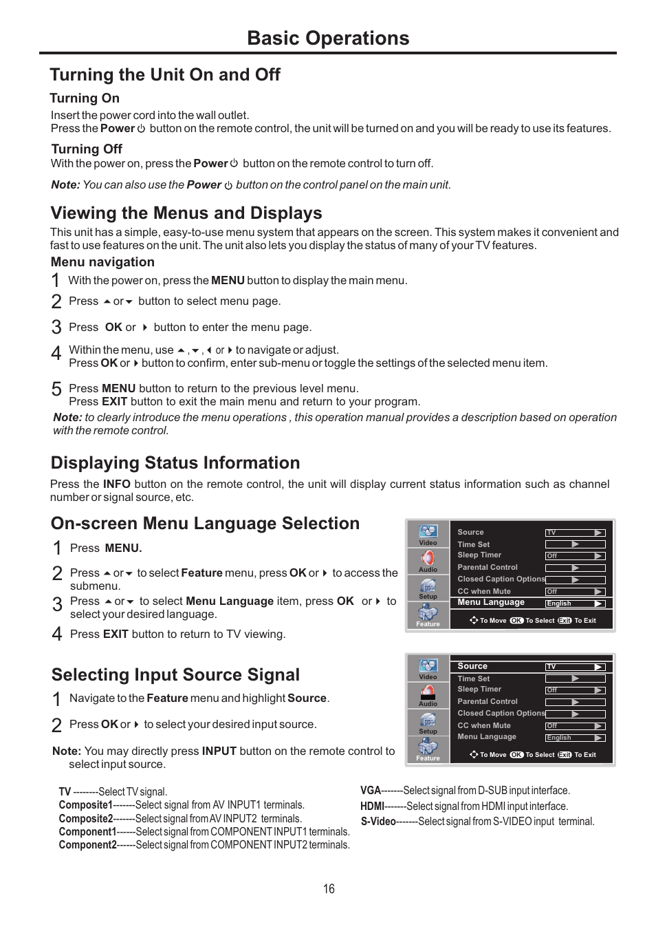 Basic operations, Turning the unit on and off, Viewing the menus and displays | Displaying status information, On-screen menu language selection, Selecting input source signal | Sanyo AVP-4231 User Manual | Page 18 / 44