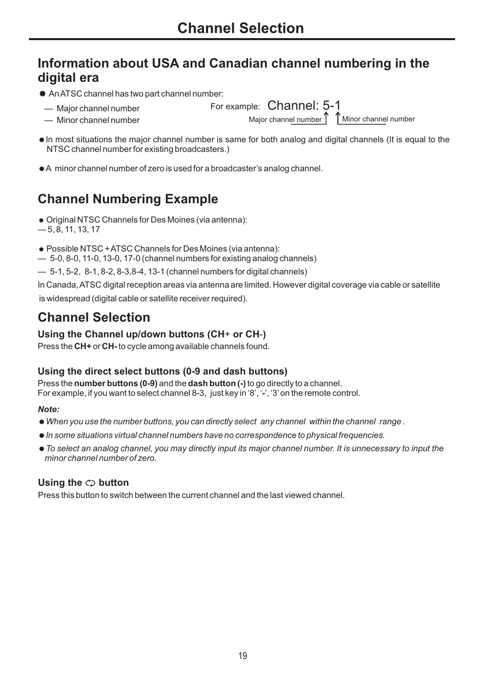 Channel selection, Channel numbering example, Channel: 5-1 | Sanyo AVP-4231 User Manual | Page 21 / 44