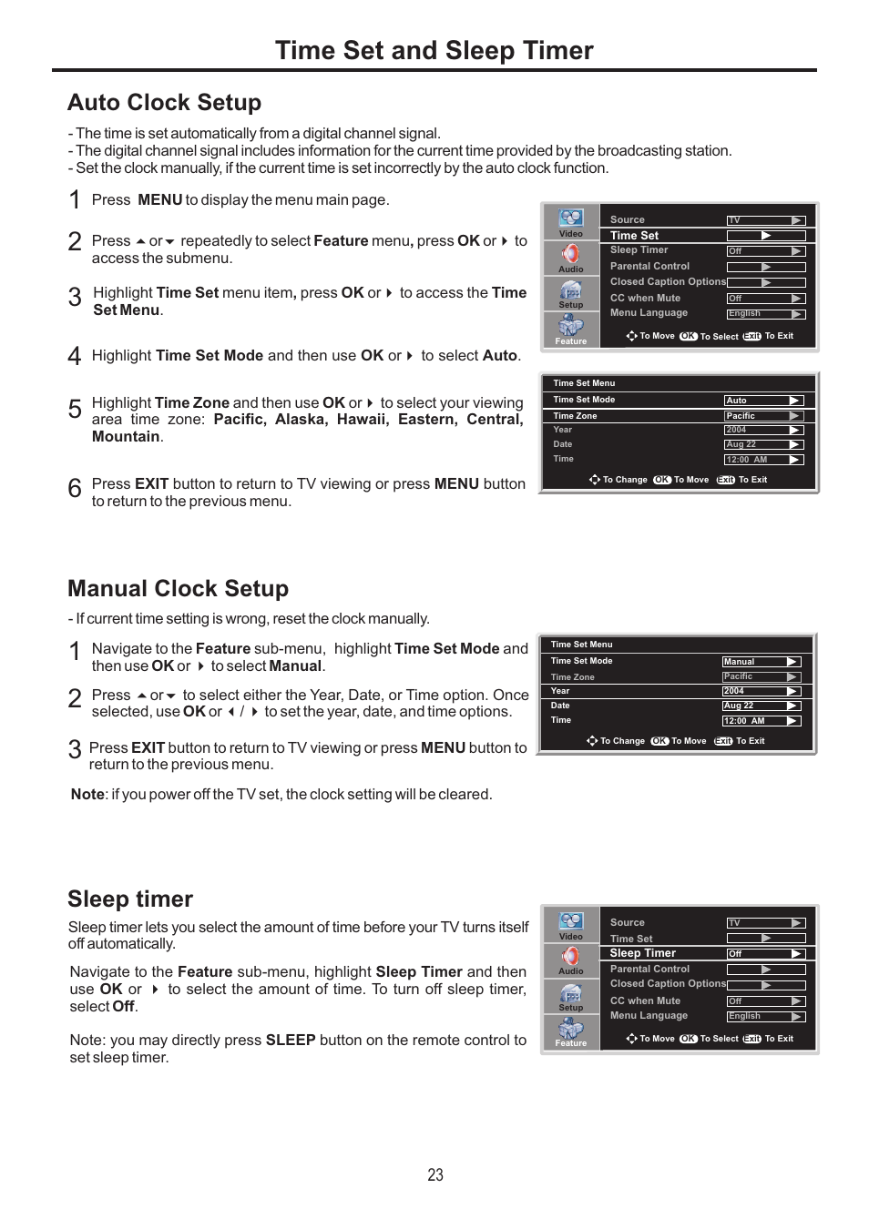 Time set and sleep timer, Auto clock setup, Manual clock setup | Sleep timer | Sanyo AVP-4231 User Manual | Page 25 / 44