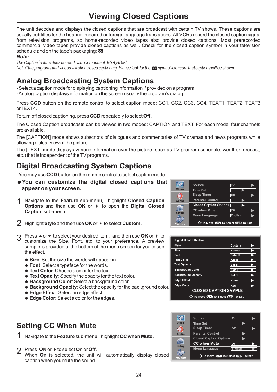Viewing closed captions, Analog broadcasting system captions, Digital broadcasting system captions | Setting cc when mute | Sanyo AVP-4231 User Manual | Page 26 / 44