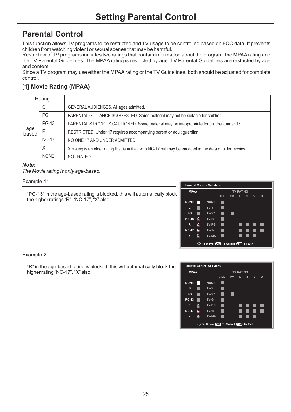 Setting parental control, Parental control, 1] movie rating (mpaa) | Sanyo AVP-4231 User Manual | Page 27 / 44
