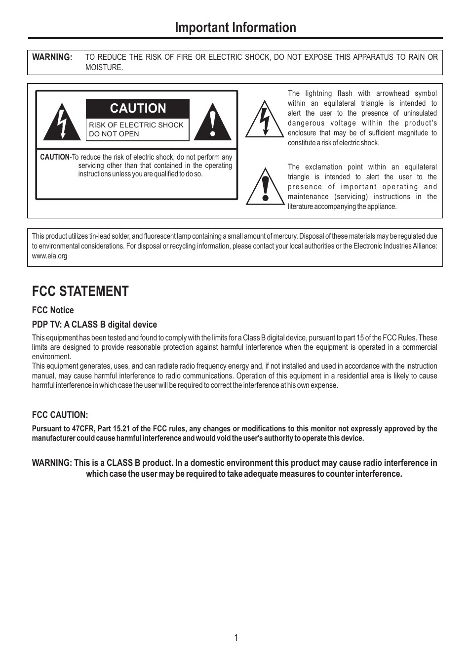 Fcc statement, Important information, Caution | Sanyo AVP-4231 User Manual | Page 3 / 44