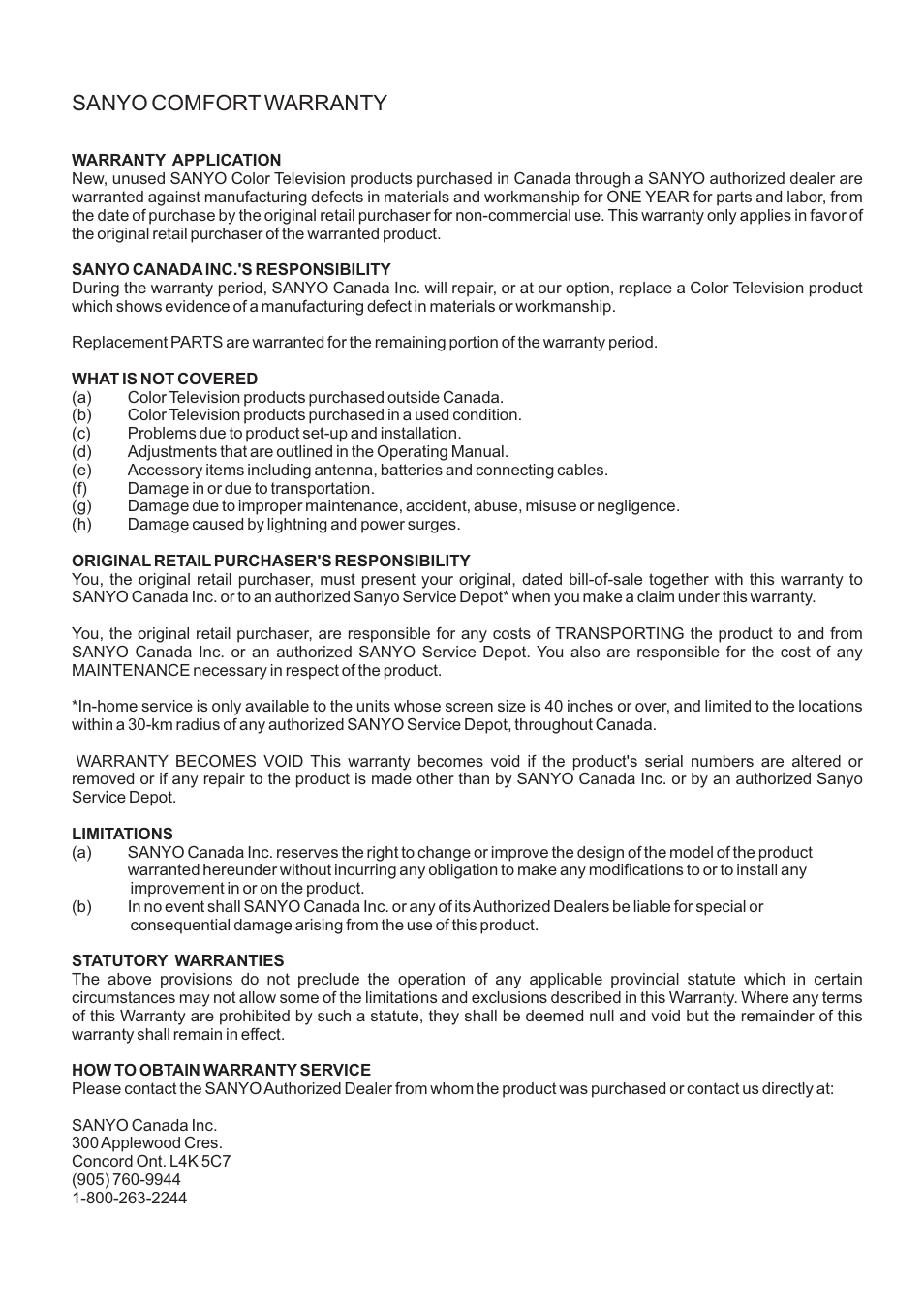 Sanyo comfort warranty | Sanyo AVP-4231 User Manual | Page 43 / 44