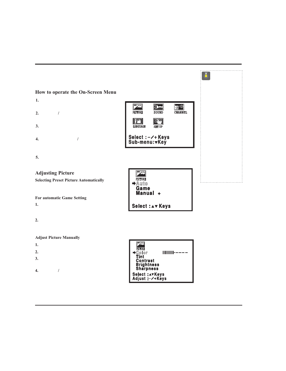 Tv adjustment and setup, Quicktips | Sanyo CLT2054 User Manual | Page 11 / 19
