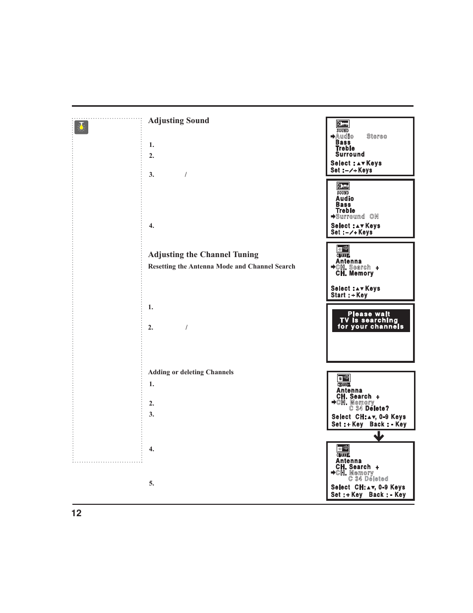 Tv adjustment and setup, Continued), Quicktips | Sanyo CLT2054 User Manual | Page 12 / 19