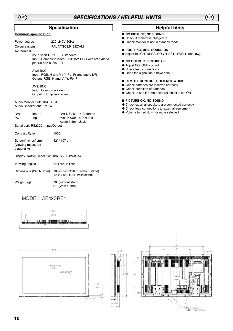 Specification helpful hints | Sanyo CE42SRE1 User Manual | Page 10 / 64