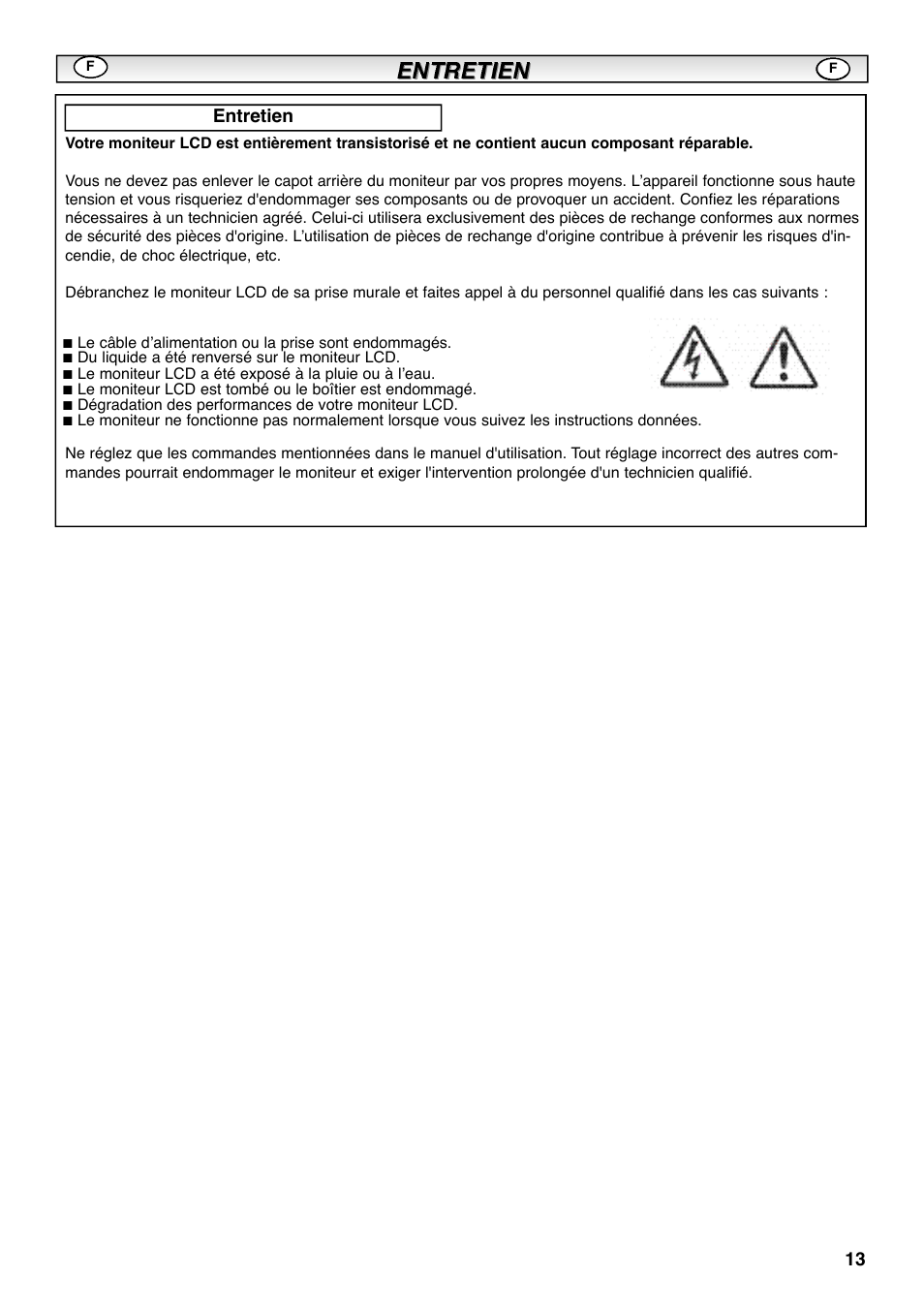 Entretien | Sanyo CE42SRE1 User Manual | Page 13 / 64