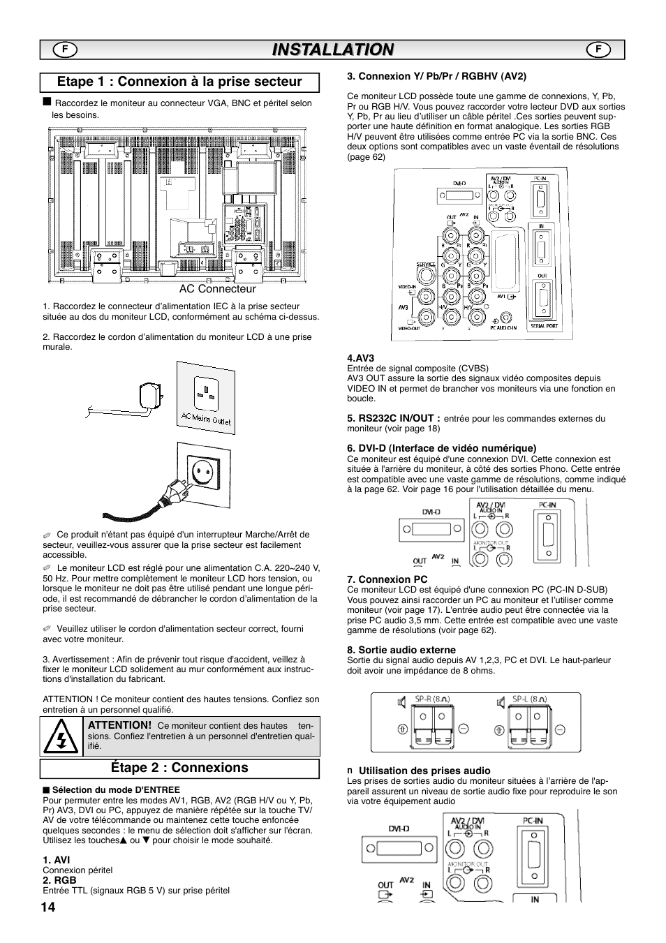 Etape 1 : connexion à la prise secteur, Étape 2 : connexions | Sanyo CE42SRE1 User Manual | Page 14 / 64