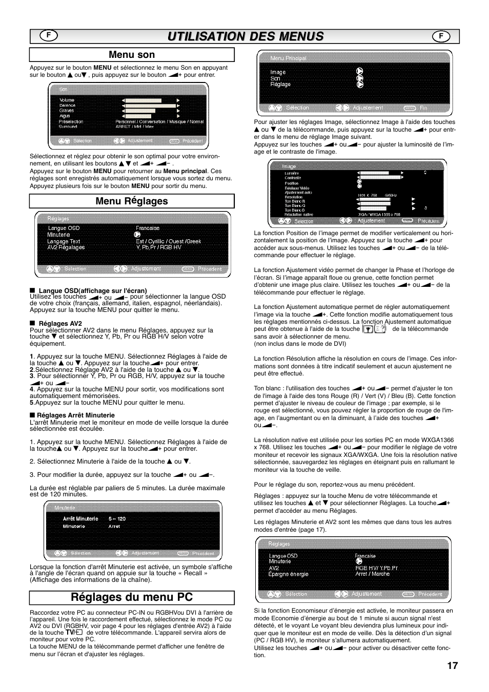 Réglages du menu pc, Menu réglages menu son | Sanyo CE42SRE1 User Manual | Page 17 / 64
