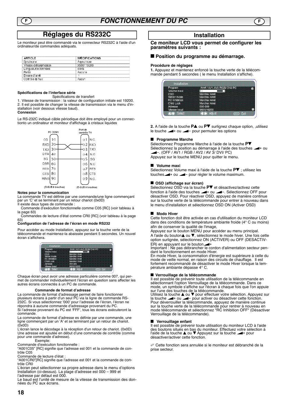 Fonctionnement du pc, Réglages du rs232c, Installation | Sanyo CE42SRE1 User Manual | Page 18 / 64