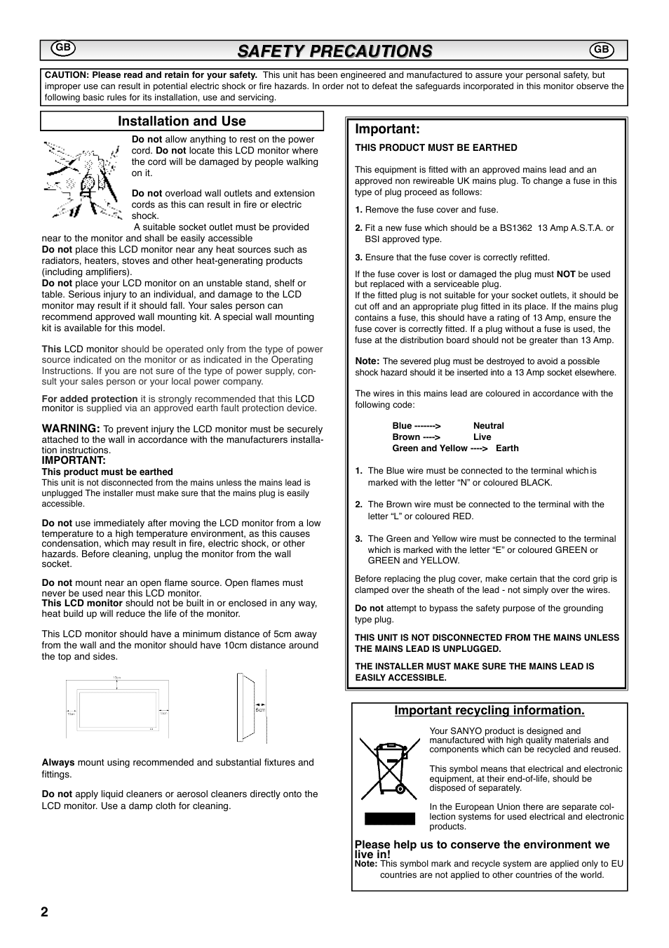 Installation and use, Important, Important recycling information | Sanyo CE42SRE1 User Manual | Page 2 / 64