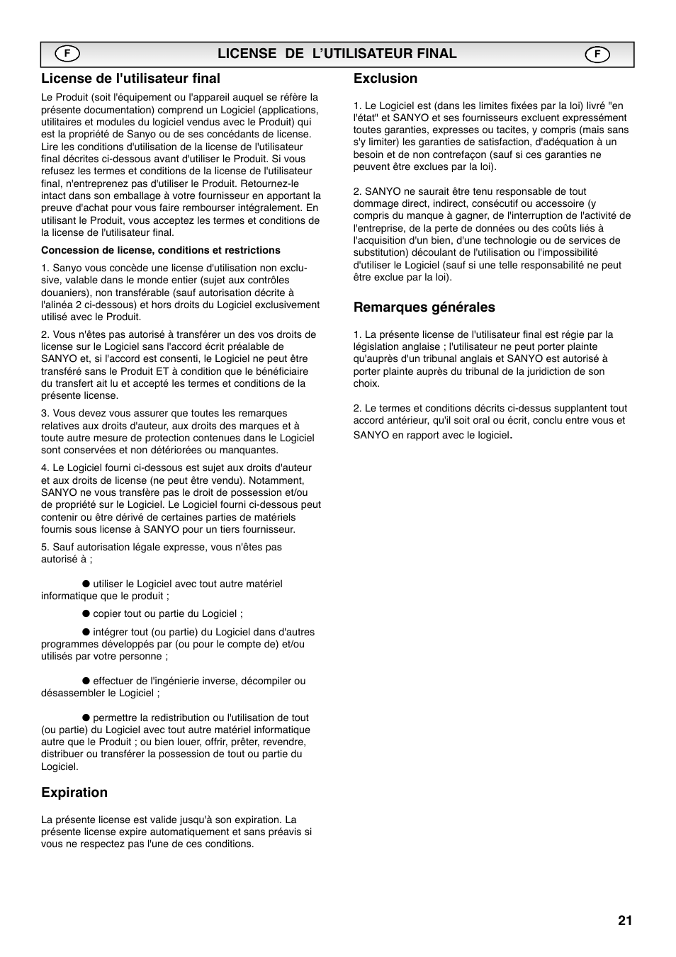 Expiration, Exclusion, Remarques générales | Sanyo CE42SRE1 User Manual | Page 21 / 64