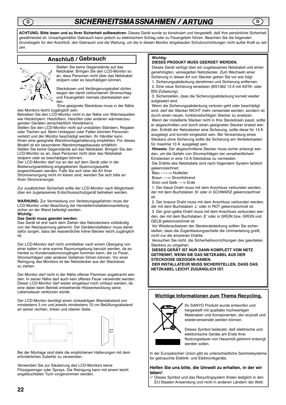 Anschluß / gebrauch, Wichtige informationen zum thema recycling | Sanyo CE42SRE1 User Manual | Page 22 / 64