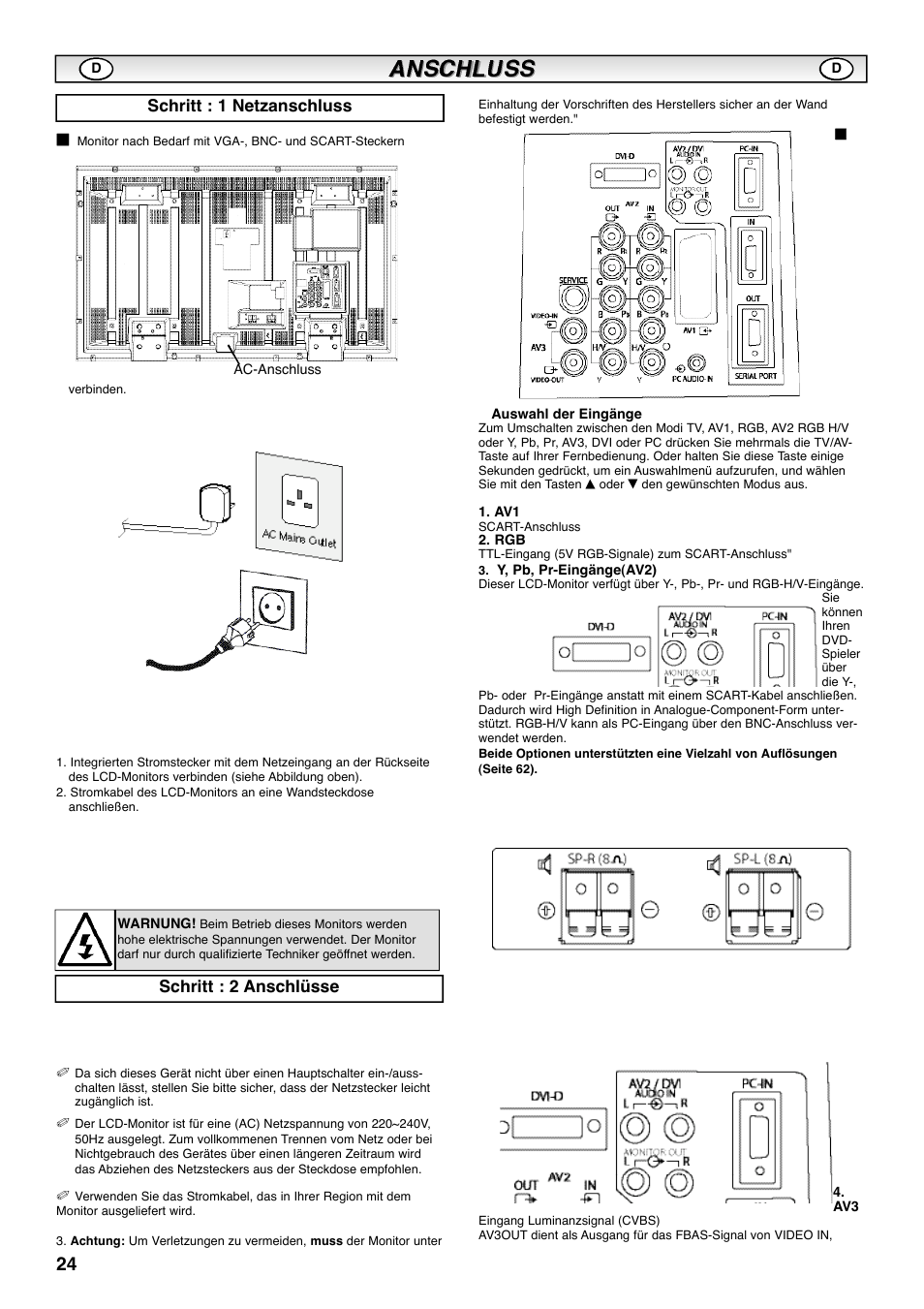 Schritt : 1 netzanschluss, Schritt : 2 anschlüsse | Sanyo CE42SRE1 User Manual | Page 24 / 64