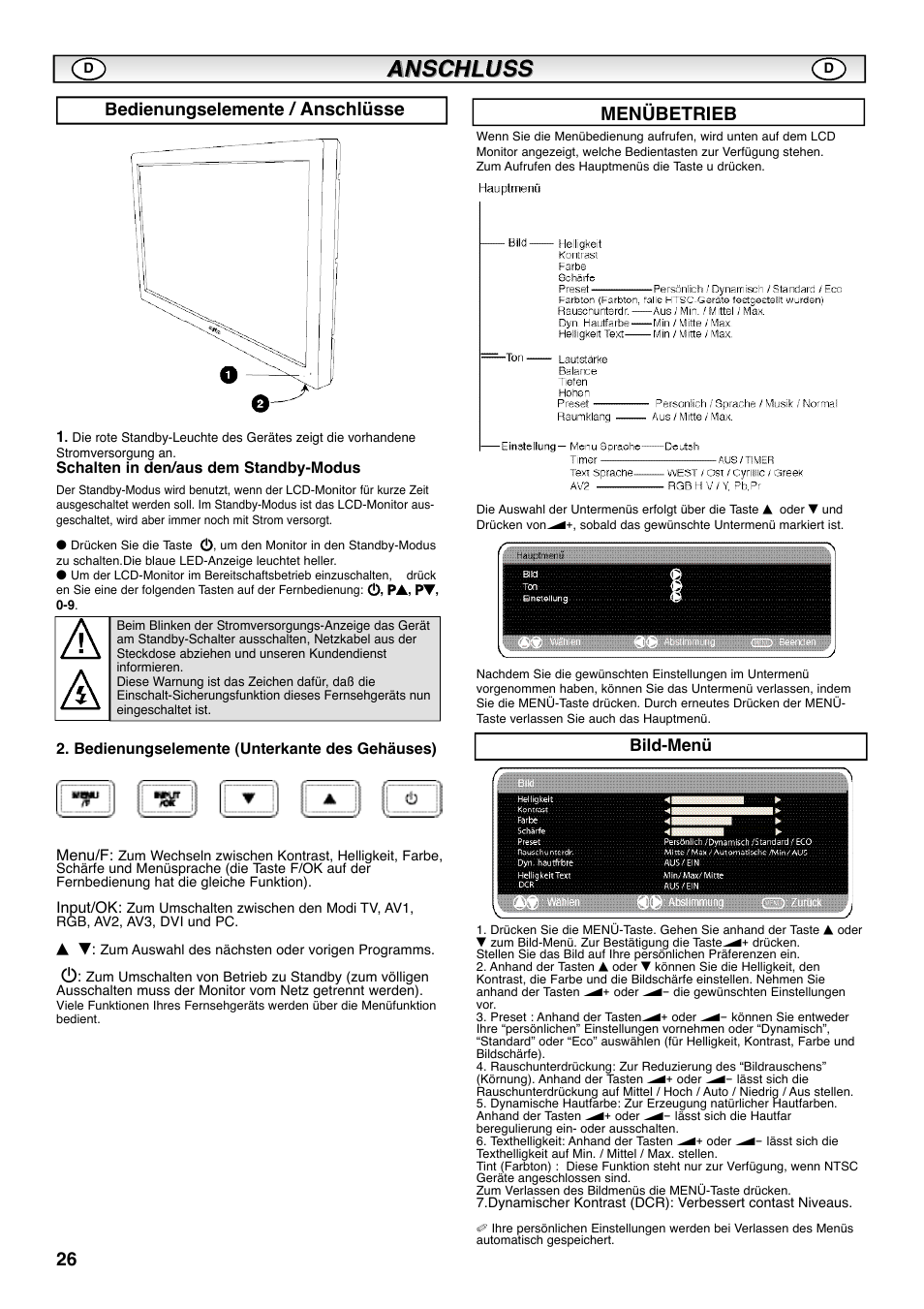 Anschlüsse, Menübetrieb, Bedienungselemente | Sanyo CE42SRE1 User Manual | Page 26 / 64