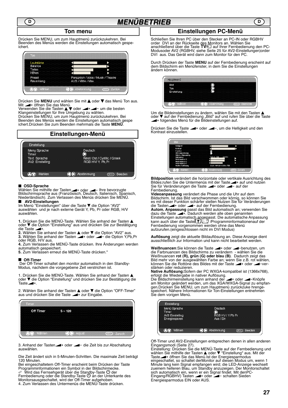 Einstellungen-menü einstellungen pc-menü ton menu | Sanyo CE42SRE1 User Manual | Page 27 / 64