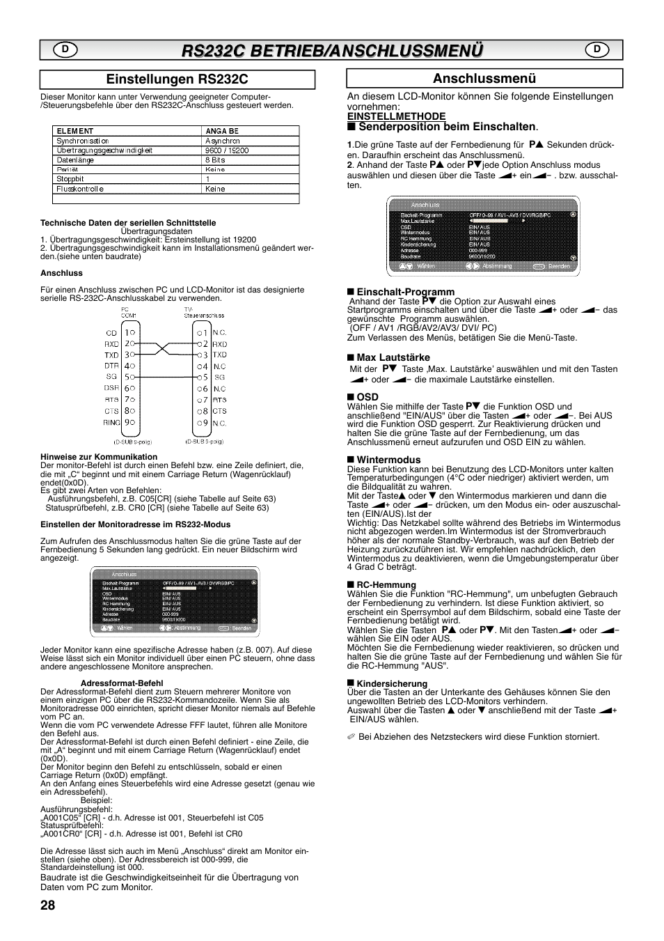 Einstellungen rs232c anschlussmenü, Senderposition beim einschalten | Sanyo CE42SRE1 User Manual | Page 28 / 64