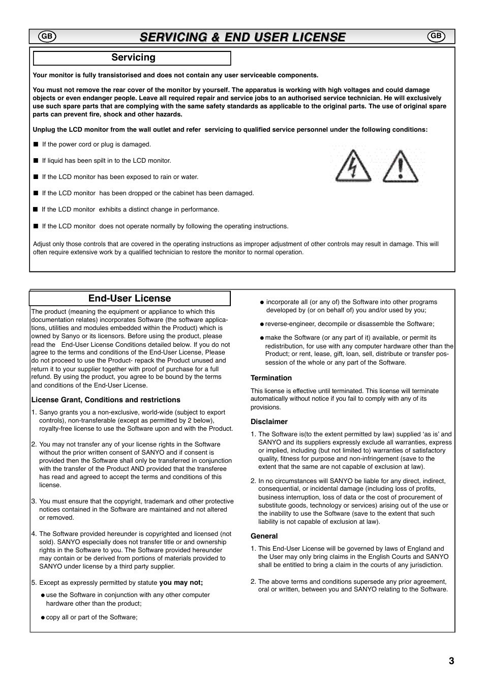 Servicing, End-user license | Sanyo CE42SRE1 User Manual | Page 3 / 64