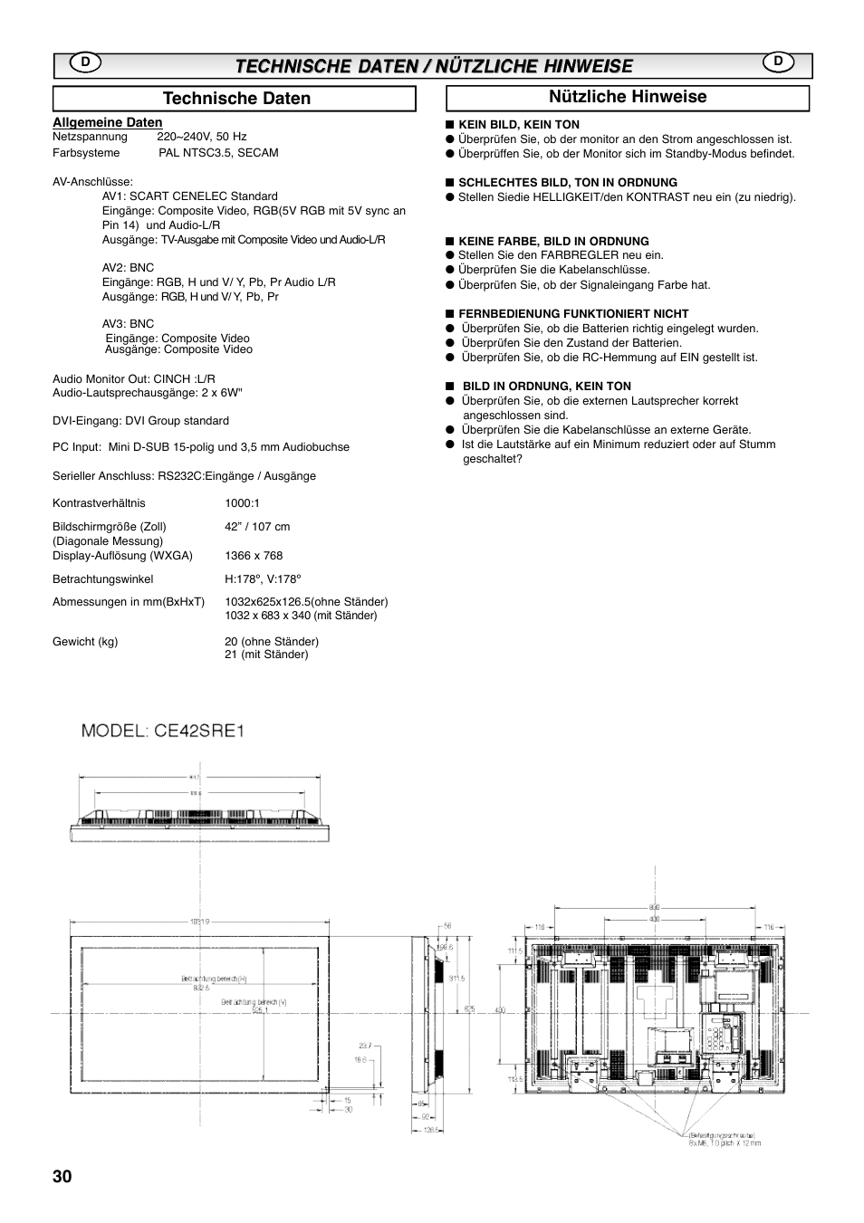 Technische daten, Nützliche hinweise | Sanyo CE42SRE1 User Manual | Page 30 / 64