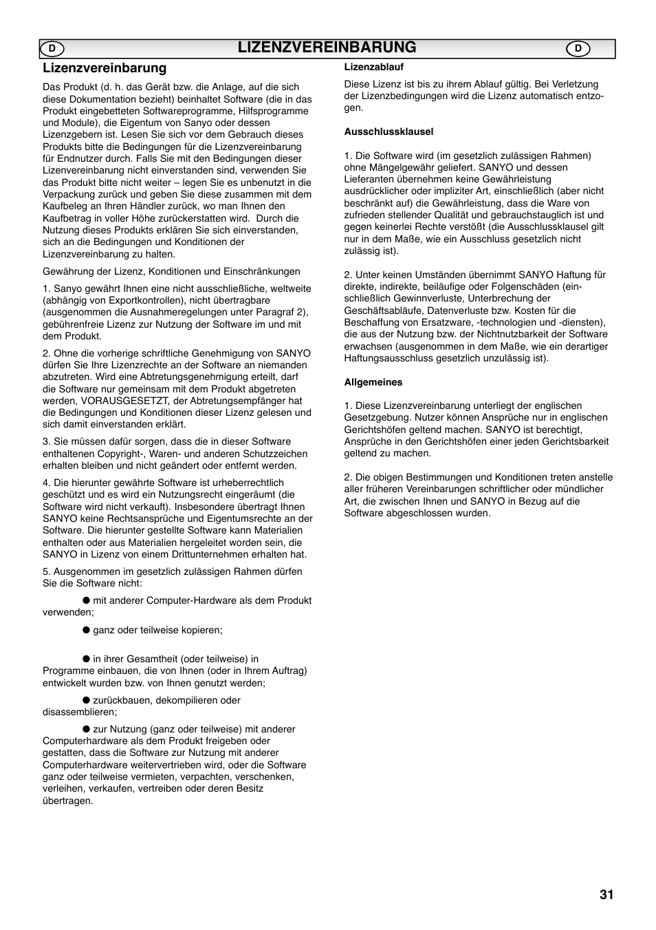 Lizenzvereinbarung | Sanyo CE42SRE1 User Manual | Page 31 / 64