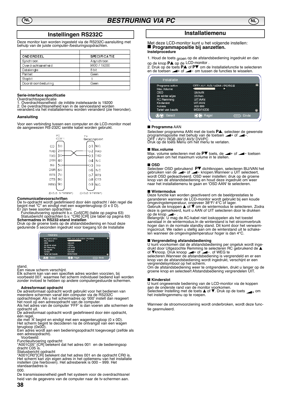 Bestruring via pc, Instellingen rs232c installatiemenu, Programmapositie bij aanzetten | Sanyo CE42SRE1 User Manual | Page 38 / 64