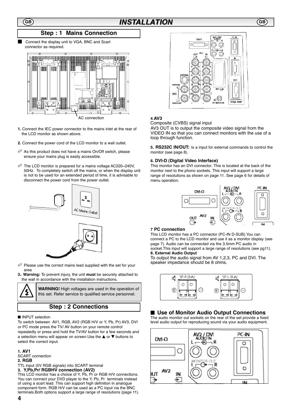 Step : 1 mains connection, Step : 2 connections, Use of monitor audio output connections | Sanyo CE42SRE1 User Manual | Page 4 / 64