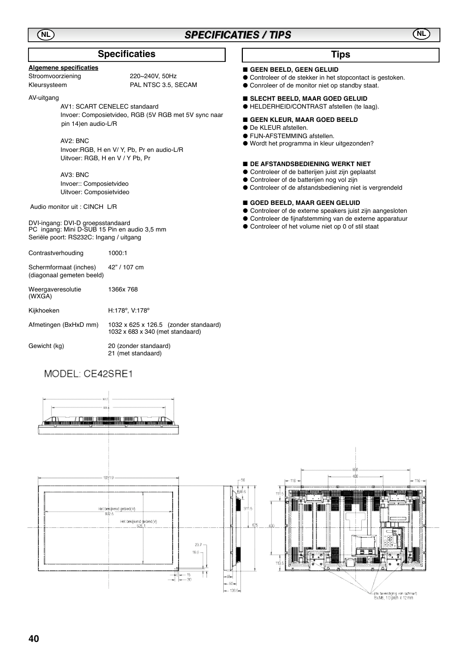 Specificaties, Tips | Sanyo CE42SRE1 User Manual | Page 40 / 64