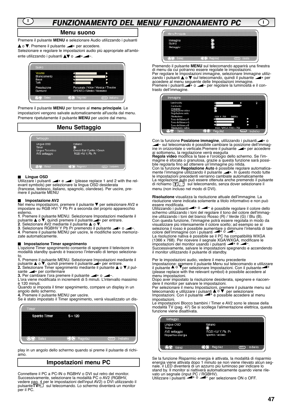 Menu settaggio impostazioni menu pc menu suono | Sanyo CE42SRE1 User Manual | Page 47 / 64