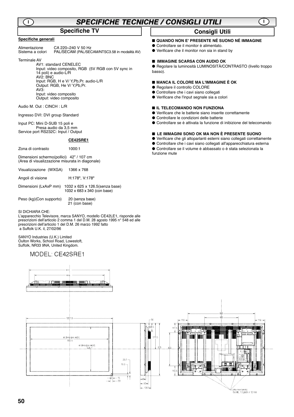 Consigli utili specifiche tv | Sanyo CE42SRE1 User Manual | Page 50 / 64