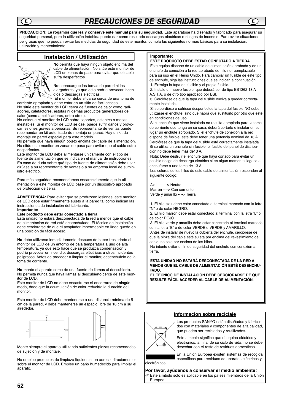 Instalación / utilización, Informacion sobre reciclaje | Sanyo CE42SRE1 User Manual | Page 52 / 64