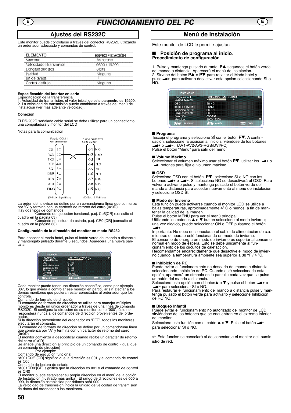 Ajustes del rs232c menú de instalación, Posición de programa al inicio | Sanyo CE42SRE1 User Manual | Page 58 / 64